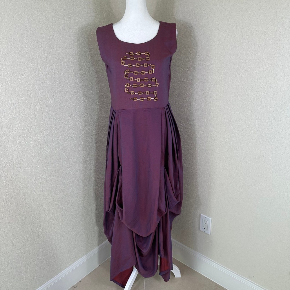 Whimsigoth Purple Maxi Dress M Draped Asymmetrical Gold Embroidery Architectural